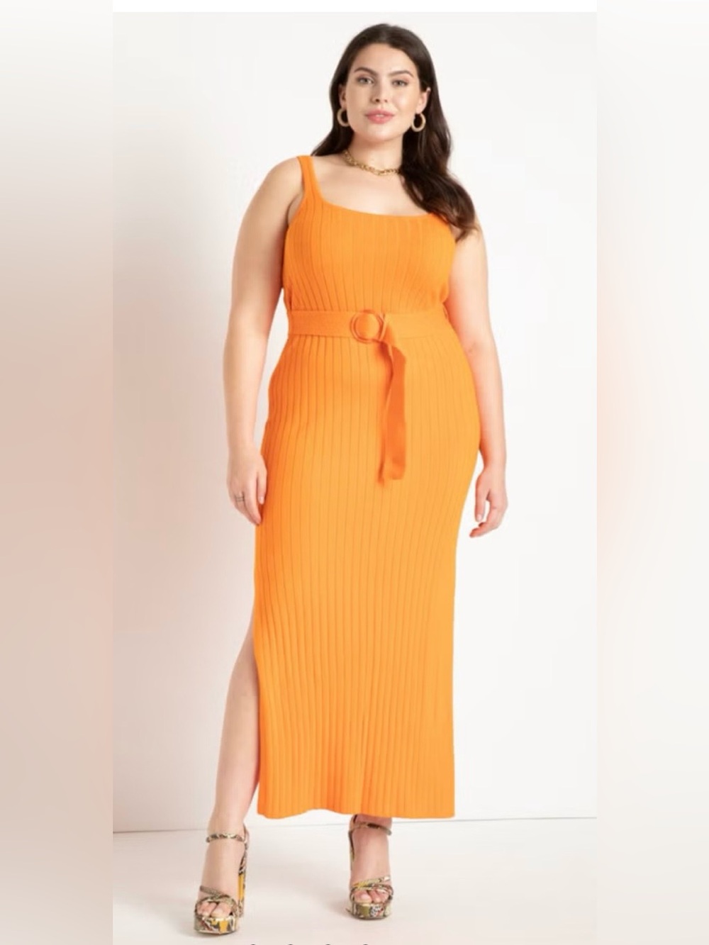 Eloquii Bright Orange Ribbed Belted Maxi Dress